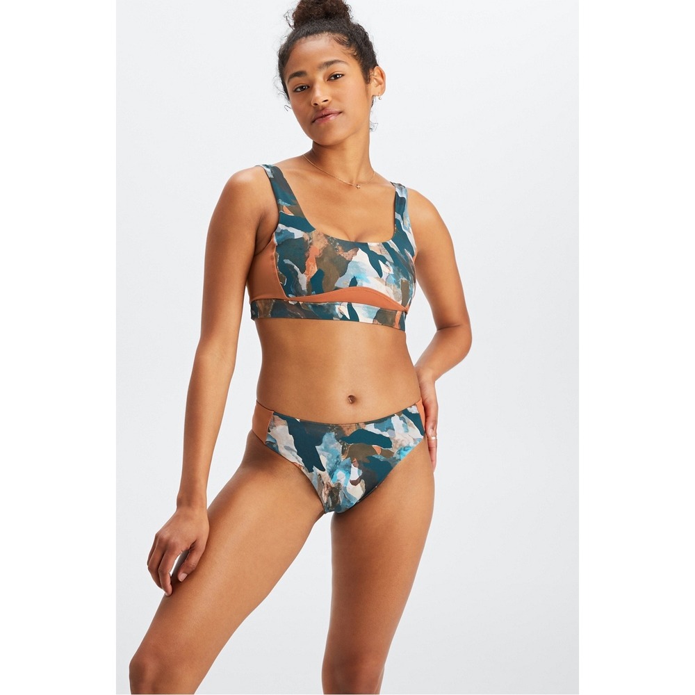 Fabletics Gabriella Swim Bra Bikini Set Abstract Print Rust Teal XL NWT